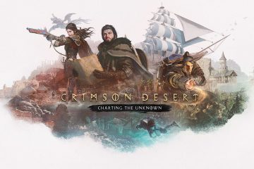 Arte oficial de Crimson Desert: Charting the Unknown com Kliff, Damiane e Oongka, um navio e um mergulhador