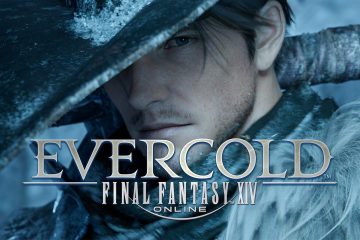 Arte oficial de Final Fantasy XIV: Evercold com uma personagem de chapéu coberto de neve e o logótipo da expansão
