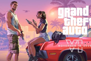 Arte oficial de GTA 6 com Jason e Lucia junto a um carro vermelho em Vice City