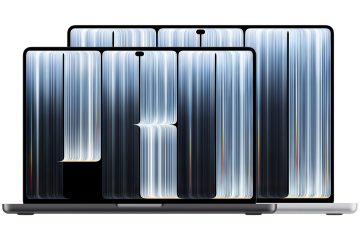 MacBook Pro com ecrã PROLED XDR de 14 e 16 polegadas, em preto sideral e prateado, lado a lado