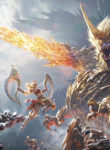 Arte oficial de Monster Hunter Outlanders com o Elder Dragon Ruger Aidal a enfrentar um grupo de caçadores em Aesoland