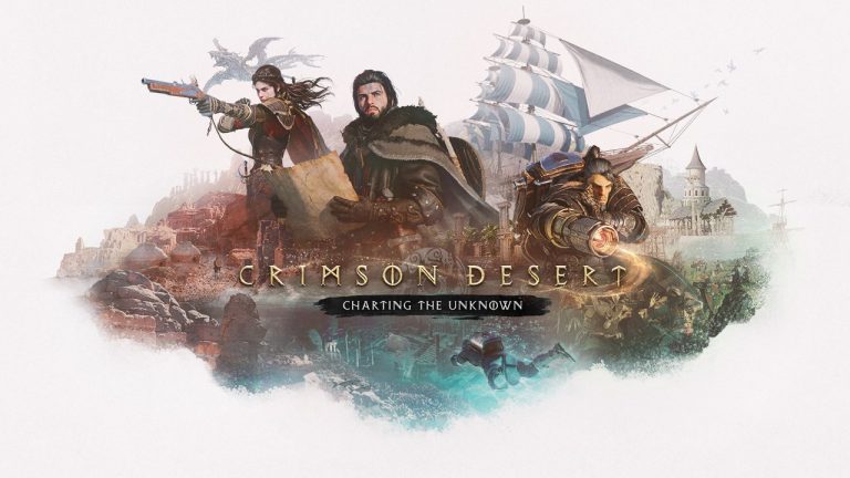 Arte oficial de Crimson Desert: Charting the Unknown com Kliff, Damiane e Oongka, um navio e um mergulhador