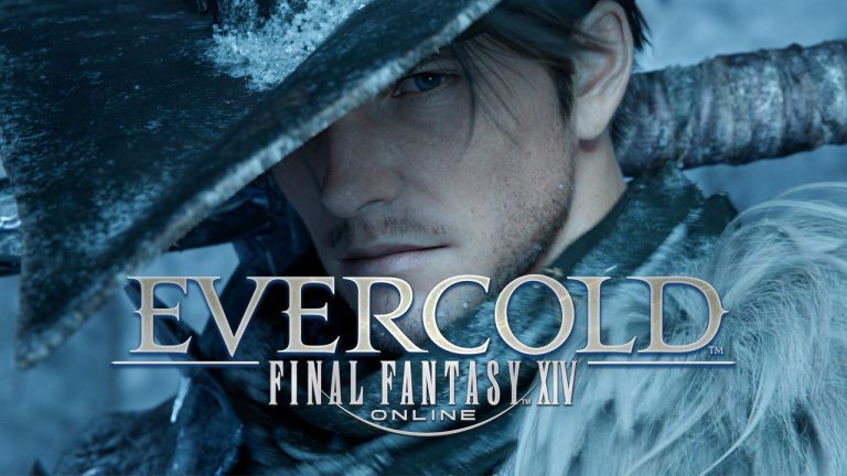Arte oficial de Final Fantasy XIV: Evercold com uma personagem de chapéu coberto de neve e o logótipo da expansão