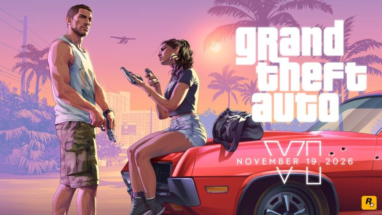 Arte oficial de GTA 6 com Jason e Lucia junto a um carro vermelho em Vice City